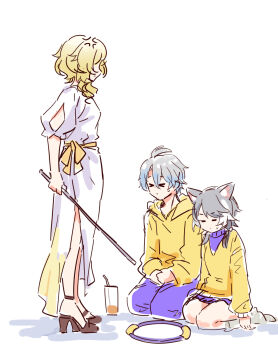 &gt;_&lt; 1boy 2girls =_= aglaea_(hello_world!)_(honkai:_star_rail) aglaea_(honkai:_star_rail) anger_vein cipher_(hello_world!)_(honkai:_star_rail) cipher_(honkai:_star_rail) commentary controller dress game_controller high_heels highres holding holding_weapon honkai:_star_rail honkai_(series) hood hoodie juice multiple_girls mzxiaxi official_alternate_costume phainon_(hello_world!)_(honkai:_star_rail) phainon_(honkai:_star_rail) seiza sitting symbol-only_commentary weapon white_dress