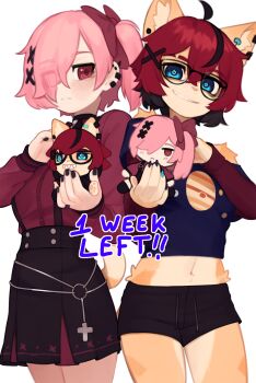 2girls :< aeiou_(yoako) ahoge animal_ear_fluff animal_ears animal_nose black-framed_eyewear black_hair black_nails black_shorts black_skirt blue_eyes body_fur borrowed_character bow cat_ears cat_girl cat_tail character_doll clothing_cutout commentary cowboy_shot crossed_bangs doll drawstring dress_shirt ear_piercing earclip english_commentary english_text eyes_visible_through_hair frown furry furry_female glasses grin hair_bow hair_ornament hair_over_one_eye hairclip highres holding holding_doll jitome jupiter_(planet) layered_sleeves long_sleeves looking_at_viewer midriff multicolored_hair multiple_girls nail_polish navel original piercing pink_hair pleated_skirt power_symbol power_symbol-shaped_pupils red_bow red_eyes red_hair red_shirt sharp_teeth shirt short_hair short_over_long_sleeves short_shorts short_side_ponytail short_sleeves shorts shoulder_cutout simple_background skirt smile suspender_skirt suspenders symbol-shaped_pupils tail teeth two-tone_hair violett_(k-rha) white_background x_hair_ornament yoako