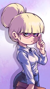 1girl baby_doll_(batman) bag batman:_the_animated_series batman_(series) black_skirt blonde_hair blue_eyes breasts dc_comics dcau earrings glasses hair_bun highres holding holding_bag jewelry long_sleeves looking_at_viewer office_lady pencil_skirt plague_of_gripes purple_background shirt skirt small_breasts sparkle standing white_shirt