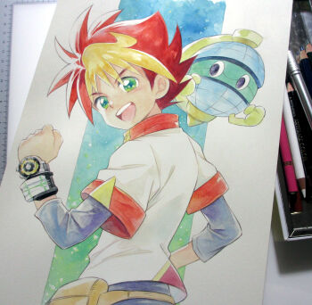 1boy agahari belt belt_pouch black_eyes black_pants black_shirt blonde_hair brown_belt commentary_request floating from_behind globe green_eyes hand_up kudou_raiga layered_sleeves long_sleeves looking_at_viewer looking_back male_focus multicolored_hair non-humanoid_robot open_mouth painting_(medium) pants photo_(medium) pouch red_hair robot shirt short_hair short_over_long_sleeves short_sleeves smile spiked_hair teeth tomica_kizuna_gattai_earth_granner traditional_media two-tone_hair upper_body upper_teeth_only watch white_shirt wristwatch