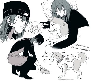 Rule 34 | 1boy, apron, aragaki shinjirou, beanie, black hat, black pants, black shirt, bowl, closed mouth, commentary request, cropped head, dog, from side, full body, greyscale, hair between eyes, hat, head on pillow, highres, image in thought bubble, koromaru (persona), long sleeves, looking down, male focus, medium hair, mom kuzu, monochrome, multiple views, pants, persona, persona 3, pet bowl, pillow, shirt, simple background, sleeping, sleeping animal, sparkle, speech bubble, tail, tail wagging, thought bubble, turtleneck, turtleneck shirt, twitter username, white background