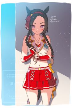 1girl animal_ears blush braid breasts brown_hair closed_mouth collarbone cropped_shirt ear_ornament fingerless_gloves flower-shaped_pupils flower_in_eye gloves hairband horse_ears horse_girl horse_tail jewelry koruri long_hair looking_at_viewer midriff navel necklace official_alternate_costume official_alternate_hairstyle purple_eyes red_gloves red_skirt sakura_bakushin_o_(red-hot_leader)_(umamusume) sakura_bakushin_o_(umamusume) shirt skirt smile solo symbol-shaped_pupils symbol_in_eye tail twin_braids umamusume