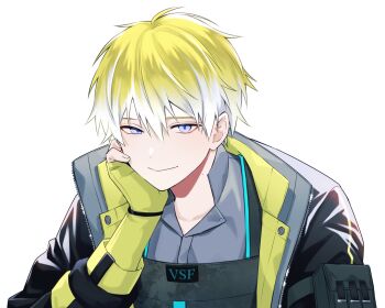 1boy black_jacket blonde_hair blue_eyes bulletproof_vest collared_shirt fingerless_gloves gloves gradient_hair grey_shirt hair_between_eyes hand_on_own_cheek hand_on_own_face jacket male_focus mole mole_on_neck multicolored_hair nana72710193 nijisanji nijisanji_en shirt smile solo sonny_brisko sonny_brisko_(1st_costume) virtual_youtuber white_hair yellow_gloves