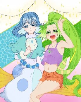 Rule 34 | 2girls, ball earrings, blonde hair, blue dress, blue eyes, blue hair, bow, brown shorts, butterfly hair ornament, dress, green bow, green eyes, green hair, hair ornament, happy, highres, jewelpet (series), jewelpet magical change, jewelry, kyukazannl, larimar (jewelpet), multicolored hair, multiple girls, navel, pendant, peridot (jewelpet), ponytail, purple tank top, short shorts, shorts, sitting, string of light bulbs, tank top, two-tone hair