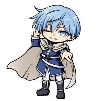 1boy ;d black_boots blue_eyes blue_hair blue_jacket boots cape chibi commentary_request full_body grey_cape hand_up highres himmel_(sousou_no_frieren) jacket kuena long_sleeves looking_at_viewer male_focus mole mole_under_eye one_eye_closed open_mouth pants simple_background smile solo sousou_no_frieren standing white_background white_pants