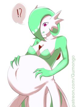 !? 1girl absurdres breasts colored_skin female_focus gardevoir gen_3_pokemon green_hair green_skin gumongo highres large_breasts multicolored_skin navel nintendo patreon_username pink_eyes pokemon pokemon_(creature) pokemon_focus pregnant simple_background solo source_request spoken_interrobang tagme tree two-tone_skin white_background white_skin
