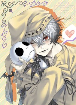1boy alternate_costume aogiyuki character_doll commentary_request doll highres jack_skellington long_sleeves looking_at_viewer male_focus pajamas short_hair skully_j._graves sleepwear smile solo the_nightmare_before_christmas twisted_wonderland white_hair