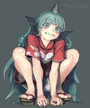 1girl artist_name blush buttons cloud_print commentary_request curly_hair envenomist_(gengoroumaru) fingernails geta green_background green_eyes green_hair hands_on_ground highres horns kariyushi_shirt knees komainu_ears komainu_girl komano_aunn long_hair one-hour_drawing_challenge red_shirt sandals sharp_fingernails sharp_toenails shirt shorts single_horn smile solo toenails touhou twitter_username very_long_hair white_shorts wide-eyed