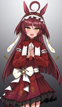 1girl ahoge blunt_bangs blush breasts hair_between_eyes hair_ornament hairband highres horse_girl jewelry kuronosu_(yamada1230) looking_at_viewer necklace own_hands_clasped own_hands_together red_desire_(umamusume) red_hair ribbon simple_background small_breasts solo umamusume white_background yellow_eyes