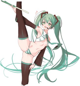 Rule 34 | 1girl, bikini, commentary, green eyes, green hair, hatsune miku, highres, kyudong., long hair, navel, simple background, solo, split, spread legs, standing, standing on one leg, standing split, swimsuit, thighhighs, very long hair, vocaloid, white background