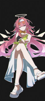 1girl alternate_costume arknights bare_arms bare_shoulders black_background closed_mouth commentary crossed_legs detached_wings earrings english_commentary eyewear_on_head full_body hairband halo highres jewelry legs lemuen_(arknights) looking_at_viewer pink_hair postalworks red_eyes sandals simple_background sitting skirt sleeveless solo white_hairband white_halo white_sandals white_skirt wings yellow_wings