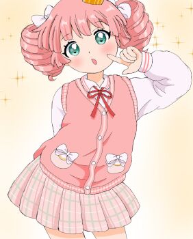 1girl alternate_costume artist_request blush bow dot_nose feet_out_of_frame female_focus hair_bow legs long_sleeves looking_at_viewer open_mouth pink_hair pink_sweater_vest ribbon shirt skirt source_request standing sweater_vest white_shirt yoshikawa_chinatsu yuruyuri