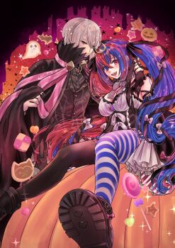1boy 1girl absurdres blue_eyes blue_hair crossed_bangs female_alear_(fire_emblem) fire_emblem fire_emblem_engage halloween halloween_costume heterochromia highres mismatched_thighhighs multicolored_hair nekoyashiki_08 nintendo pumpkin rafal_(fire_emblem) red_eyes red_hair split-color_hair twintails two-tone_hair white_hair