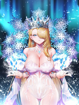 1girl asymmetrical_bangs aurora blonde_hair blue_eyes breasts brown_dust_(series) brown_dust_2 cleavage commentary crown dress dtcy earrings gluteal_fold hair_over_one_eye highres jewelry large_breasts long_bangs long_hair looking_at_viewer official_alternate_costume parted_lips ring see-through_clothes see-through_dress snowflakes solo very_long_hair white_dress wilhelmina_(brown_dust) wilhelmina_(frost_queen)_(brown_dust_2)