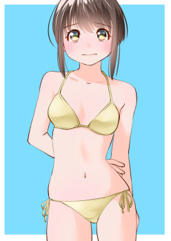 Rule 34 | 1girl, arm behind back, bikini, blue background, border, brown eyes, brown hair, commentary, embarrassed, halterneck, looking at viewer, mixed-language commentary, navel, original, outside border, side-tie bikini bottom, sidelocks, simple background, solo, standing, swimsuit, white border, yamanaka kouji (yanchiki2001), yellow bikini