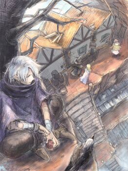 1other 2boys 2girls apple backpack bag bandaged_arm bandages bangle bird black_cape blonde_hair boarded_windows bracelet branch brown_pants cape commentary_request crosshatching cyrus_albright food from_above fruit green_eyes hair_over_one_eye hatching_(texture) highres holding holding_food holding_fruit holding_staff house indian_style jewelry long_hair looking_to_the_side multiple_boys multiple_girls octopath_traveler octopath_traveler_i ophilia_clement pants parted_hair purple_poncho qqqqqli short_hair sitting staff therion_(octopath_traveler) tree tressa_(octopath_traveler) tressa_colzione white_cape white_hair