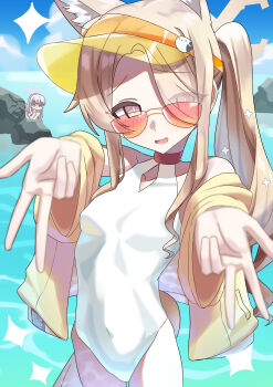 Rule 34 | 2girls, absurdres, animal ear fluff, animal ears, blonde hair, blue archive, blue sky, blunt bangs, blurry, breasts, bright pupils, clothing cutout, collarbone, commentary request, covered navel, cowboy shot, day, depth of field, diamond cutout, double v, extra ears, forehead, fox ears, fox girl, fox tail, furrowed brow, gyaru v, halo, highres, jacket, long hair, looking at another, looking at viewer, meganeko10 6, mika (blue archive), mika (swimsuit) (blue archive), multiple girls, ocean, official alternate costume, official alternate hairstyle, one-piece swimsuit, open clothes, open jacket, open mouth, orange-tinted eyewear, outdoors, outstretched arms, pink eyes, pink hair, pink halo, seia (blue archive), seia (swimsuit) (blue archive), shaded face, side ponytail, sidelocks, sky, slit pupils, small breasts, smile, solo focus, sparkle, sunglasses, swimsuit, tail, tinted eyewear, v, very long hair, visor cap, wavy ends, white one-piece swimsuit, white pupils, yellow halo, yellow jacket