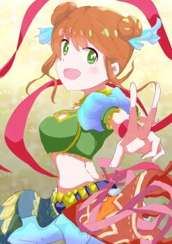 1girl breasts dancer double_bun fire_emblem fire_emblem:_the_binding_blade green_eyes hair_bun highres larum_(fire_emblem) medium_breasts nintendo open_mouth orange_hair solo tesuragi