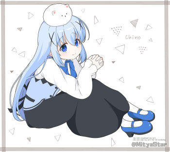 Rule 34 | 1girl, animal, animal on head, artist name, black skirt, blue eyes, blue hair, blue ribbon, blue shoes, blue vest, character name, closed mouth, commentary, gochuumon wa usagi desu ka?, hair ornament, highres, interlocked fingers, kafuu chino, long hair, long skirt, long sleeves, looking at viewer, mary janes, mitya, neck ribbon, on head, own hands together, rabbit, rabbit house uniform, ribbon, shirt, shoes, sitting, skirt, socks, solo, tippy (gochiusa), twitter username, vest, white shirt, white socks, x hair ornament
