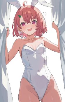 1girl absurdres ahoge animal_ear_hairband animal_ears breasts commentary_request covered_navel curtains fake_animal_ears fang flying_sweatdrops hairband highres leotard looking_at_viewer nijisanji pink_eyes playboy_bunny rabbit_ears red_hair sasaki_saku short_hair skin_fang small_breasts smile solo strapless strapless_leotard tillots virtual_youtuber white_background white_leotard