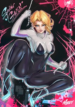 1girl absurdres black_bodysuit blonde_hair blue_eyes bodysuit breasts character_name commentary english_commentary face_piercing full_body grin gwen_stacy highres large_breasts looking_at_viewer marvel multicolored_bodysuit painterly piercing rizal_k.f.c short_hair silk smile solo spider-gwen spider-man_(series) spider_web white_bodysuit