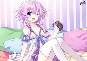 1girl ;d alternate_costume babydoll bare_shoulders breasts commentary controller d-pad english_commentary from_side game_controller hair_between_eyes hair_ornament hairclip hand_up happy holding holding_controller holding_game_controller indoors knees_up lewdkuma looking_at_viewer medium_hair neptune_(neptunia) neptune_(series) one_eye_closed open_mouth purple_eyes purple_hair sitting small_breasts smile solo thighhighs unworn_hair_ornament unworn_hairclip
