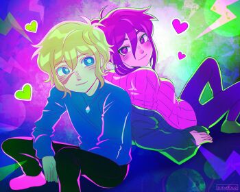 1boy 1girl alternate_costume antenna_hair artist_name aubrey_(faraway)_(omori) aubrey_(omori) basil_(faraway)_(omori) basil_(omori) black_cardigan black_hair blonde_hair blue_eyes body_switch bright_pupils cardigan closed_mouth commentary double-parted_bangs green_socks grey_sweater hair_between_eyes highres jewelry long_sleeves looking_at_viewer necklace omori open_cardigan open_clothes pants personality_switch pink_socks pink_sweater ribbed_sweater scar scar_on_face short_hair sidelocks sitting smile socks sweater sweatpants symbol-only_commentary white_pupils zoewillowz