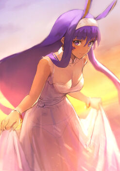 1girl ancient_egyptian animal_ears bag bare_shoulders bracelet breasts dark-skinned_female dark_skin dress earrings facepaint facial_mark fate/grand_order fate_(series) gradient_sky hair_between_eyes hairband highres hoop_earrings jackal_ears jewelry leaning_forward looking_at_viewer medium_breasts miyamoto_satoru nitocris_(fate) orange_sky purple_eyes purple_hair revision sidelocks sky smile solo sunset white_dress