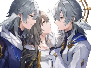 1girl 2boys ? black_gloves black_jacket black_shirt blue_jacket boy_sandwich brooch closed_mouth clothing_cutout dual_persona earrings eye_contact feathered_wings from_side glove_cutout gloves gold_earrings grabbing_another&#039;s_chin grey_hair hair_between_eyes halo halo_behind_head hand_on_another&#039;s_chin hand_on_another&#039;s_shoulder hand_on_own_chin hands_up hashtag-only_commentary head_wings hetero highres honkai:_star_rail honkai_(series) jacket jewelry long_hair long_sleeves looking_at_another multiple_boys open_clothes open_jacket piercing profile ring sandwiched scarf shirt simple_background smile speech_bubble spiked_halo spoken_question_mark stelle_(honkai:_star_rail) sunday_(honkai:_star_rail) sunday_(sacerdos&#039;_relived_ordeal)_(honkai:_star_rail) sweat tassel trailblazer_(honkai:_star_rail) turtleneck turtleneck_shirt upper_body wf12ta white_background white_gloves white_jacket white_scarf white_shirt white_wings wing_piercing wings yellow_eyes