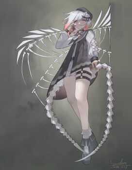 1girl absurdres beret black_dress black_hat chinese_commentary colored_extremities commentary_request corruption dark_persona dress flower full_body gradient_hair grey_background hair_flower hair_ornament hair_ribbon hand_up hat highres long_sleeves looking_at_viewer magical_girl mahou_shoujo_no_majo_saiban multicolored_hair o-ring o-ring_thigh_strap pink_eyes pink_hair ribbon sakuraba_ema short_hair signature skeletal_wings socks solo spoilers standing thigh_strap white_flower white_hair white_socks wings witch_(manosaba) x_hair_ornament yandereyuri