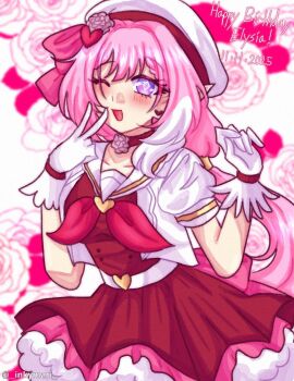 1girl ;o alternate_costume beret breasts commentary diamond-shaped_pupils diamond_(shape) dress elf elysia_(hi_love_elf)_(honkai_impact) elysia_(honkai_impact) english_commentary floral_background gloves happy_birthday hat highres honkai_(series) honkai_impact_3rd inkymari jacket long_hair medium_breasts multicolored_hair one_eye_closed pink_hair pointy_ears purple_eyes red_dress solo symbol-shaped_pupils twitter_username two-tone_hair v very_long_hair white_gloves white_hair white_jacket