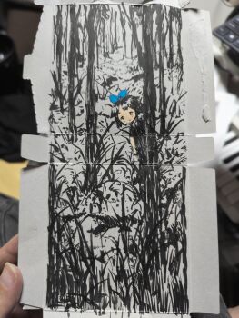 1girl :o absurdres behind_tree blue_bow bow child commentary_request forest greyscale hair_bow highres looking_at_viewer monochrome nature original outdoors parted_lips photo_(medium) scrunchie short_hair short_sleeves solo spot_color tareme traditional_media tree uehara16 wide_shot wrist_scrunchie