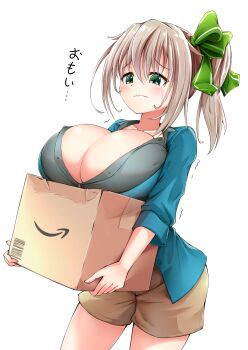 Rule 34 | 1girl, asahina hinata, black shirt, blue jacket, box, breast rest, breasts, brown hair, brown shorts, cardboard, carried breast rest, carrying, cleavage, commentary, cowboy shot, green eyes, green ribbon, hair between eyes, hair ribbon, highres, huge breasts, indie virtual youtuber, jacket, looking down, monno, ribbon, shirt, shorts, sidelocks, simple background, solo, struggling, sweat, thighs, translated, trembling, virtual youtuber, white background