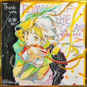 1girl absurdres artist_name black_background black_skirt blonde_hair bow bowtie chinese_commentary circle_skirt closed_mouth commentary_request confetti cowboy_shot drill_hair expressionless eyelashes floating_clothes floating_hair flower_hairpin grey_pantyhose highres juliet_sleeves lace lace-trimmed_shirt lace-trimmed_sleeves lace_trim leaning_forward long_hair long_sleeves mahou_shoujo_madoka_magica mahou_shoujo_madoka_magica_(anime) miniskirt mitakihara_school_uniform own_hands_together pantyhose plaid_clothes plaid_skirt pleated_skirt pointy_nose puffy_sleeves red_bow red_bowtie ribbon riko-m school_uniform shirt skirt sleeve_cuffs solo thank_you tomoe_mami traditional_media twin_drills two-tone_background white_background yellow_eyes yellow_ribbon yellow_shirt