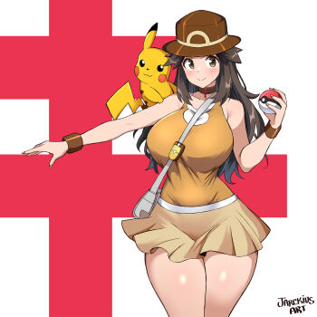 1girl alternate_color breasts gen_1_pokemon highres jarckius large_breasts leaf_(pokemon) nintendo pikachu poke_ball poke_ball_(basic) pokemon pokemon_frlg