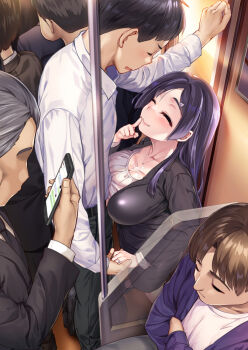1girl 6+boys ^_^ blush breasts brown_hair business_suit cellphone chijo chikan cleavage closed_eyes commentary_request crossed_arms cum cum_on_body cum_on_breasts cum_on_upper_body drooling fang fang_out formal_clothes grey_hair hair_ornament hairclip height_difference hetero hijiri_tsukasa implied_paizuri jewelry large_breasts long_hair molestation multiple_boys necklace original paizuri paizuri_under_clothes pencil_skirt phone public_indecency purple_hair ring skirt smartphone smile stealth_sex suit train_interior