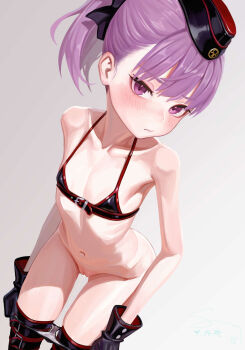 1girl bare_shoulders bikini black_bikini black_boots black_bow black_hat blush boots bow breasts clothes_pull collarbone fate/grand_order fate_(series) garrison_cap hair_bow hat helena_blavatsky_(fate) helena_blavatsky_(swimsuit_archer)_(third_ascension)_(fate) highres loli looking_at_viewer navel petite ponytail purple_eyes purple_hair pussy pussy_juice short_hair short_ponytail small_breasts solo sui_yamami swimsuit thigh_boots thighs