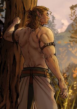 Rule 34 | 1boy, baldur's gate, baldur's gate 3, bara, brown hair, cowboy shot, dungeons & dragons, forest, from side, halsin, highres, male focus, mature male, medium hair, muscular, muscular male, nature, pointy ears, profile, red (badassassassin), solo, standing, thick eyebrows, topless male, tree