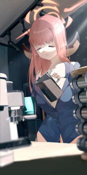 1girl absurdres aru_(blue_archive) blue_archive blue_shirt bottomless breasts center_opening closed_eyes closed_mouth coffee coffee_maker coffee_mug coffee_pot cup curtains demon_horns halo highres holding_coffee_pot horns large_breasts long_hair long_sleeves messy_hair morning mug pink_hair pouring ryeon_(naturesan) shirt sleepy