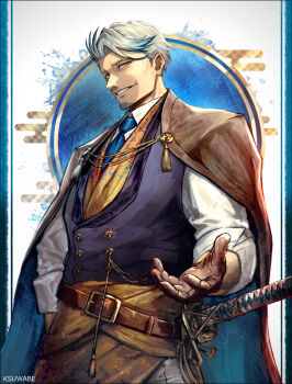 1boy belt black_vest blue_hair blue_necktie blue_streaks brown_belt brown_cape brown_haori buttons cape collared_shirt collared_vest double-breasted facial_hair fate/grand_order fate_(series) goatee grin haori haori_on_shoulders japanese_clothes k-suwabe katana katsu_kaishuu_(fate) looking_at_viewer necktie old old_man sheath sheathed shirt sleeves_rolled_up smile solo sword vest weapon white_hair white_shirt yellow_eyes