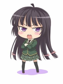 1girl ahoge black_hair black_necktie black_thighhighs blazer blush boku_wa_tomodachi_ga_sukunai chibi chibi_only collared_shirt commentary_request crossed_arms full_body green_jacket green_skirt hair_ribbon highres jacket long_hair long_sleeves looking_at_viewer mikazuki_yozora necktie official_artist_extra open_mouth pink_ribbon plaid_clothes plaid_skirt pleated_skirt purple_eyes ribbon school_uniform shirt simple_background skirt solo st._chronica_academy_school_uniform standing teeth thighhighs upper_teeth_only v-shaped_eyebrows watanabe_yoshihiro white_background white_shirt winter_uniform