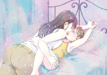 Rule 34 | 2girls, age difference, armpits, arms up, bed, bedroom, black hair, blue skirt, brown hair, brown pants, closed eyes, curtains, french kiss, girl on top, hand on another's thigh, holding another's wrist, kiss, long hair, lying, multiple girls, on bed, onee-loli, original, panties, pants, restrained, shirt, skirt, sleeveless, sleeveless shirt, sururiika (rulie), tearing up, thighs, tongue, underwear, white shirt, yellow shirt, yuri