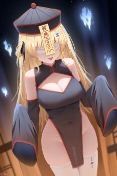 1girl absurdres alternate_costume artist_name bandages bandages_over_eyes bare_shoulders black_hat blonde_hair breasts chinese_commentary cleavage commentary_request covered_navel detached_sleeves doraski groin hair_ornament halloween_costume hat highres jiangshi_costume long_hair medium_breasts no_panties ofuda outstretched_arms phoebe_(wuthering_waves) skindentation sleeves_past_fingers sleeves_past_wrists solo tacet_mark_(wuthering_waves) thighhighs tongue tongue_out very_long_hair white_thighhighs wuthering_waves x_hair_ornament zombie_pose