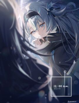 2girls artist_name black_hairband black_jacket blush firefly_(honkai:_star_rail) grey_hair hair_between_eyes hairband highres honkai:_star_rail honkai_(series) jacket long_hair long_sleeves looking_at_another looking_at_viewer multiple_girls shirt smile solo_focus stelle_(honkai:_star_rail) trailblazer_(honkai:_star_rail) twitter_username yukiusagi_(snowrabbit0508)