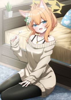 1girl alternate_costume alternate_hairstyle animal_ears bed bedroom black_pantyhose blue_archive blue_eyes breasts carpet casual cat_ears cat_girl collarbone flower hair_flower hair_ornament halo head_tilt highres indoors jewelry kamesys lap_pillow_invitation light_blush looking_at_viewer mari_(blue_archive) medium_breasts mimikaki necklace open_mouth orange_hair pantyhose pillow plant potted_plant sidelocks sleeves_past_wrists smile solo star_(symbol) star_necklace sweater