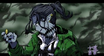 1boy beard centipede_tattoo chinstrap_beard collared_shirt cosplay facial_hair green_eyes highres hood hooded_jacket jacket ktnh14on male_focus mature_male neck_tattoo oogie_boogie oogie_boogie_(cosplay) scar scar_on_face scar_on_forehead scar_on_mouth shirt smile solo stitched_clothes swing_(twisted_wonderland) tattoo the_nightmare_before_christmas twisted_wonderland