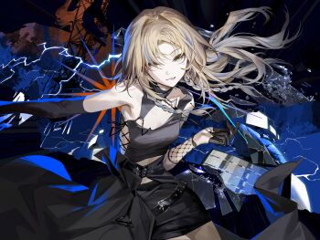 1girl belt black_belt black_dress black_gloves blonde_hair braid brown_hair commentary dress dynamic_pose electricity gloves green_eyes grey_hair highres kirisame_marisa lightning multicolored_hair reeh_(yukuri130) smile solo touhou twin_braids yellow_eyes