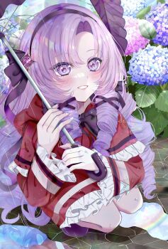 1girl blush commentary_request dress drill highres hyakumantenbara_salome kurosakirumi nijisanji parted_lips purple_eyes purple_hair rain red_dress smile solo squatting umbrella virtual_youtuber
