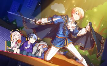 +_+ 1other 4boys :d ;) akiyama_mizuki aoyagi_touya ascot bandage_over_one_eye black_cape black_pants blonde_hair blue_eyes blue_hair blue_skirt brooch brown_hair candy cape chair closed_mouth cloud colorful_palette food frown game_cg gradient_hair highres holding holding_candy holding_food holding_lollipop holding_sword holding_weapon hood hood_up jacket jewelry kamikou_festival!_(project_sekai) lollipop long_sleeves multicolored_hair multiple_boys no_nose official_art one_eye_closed open_clothes open_jacket open_mouth orange_eyes orange_hair pants pink_hair plaid_clothes plaid_skirt project_sekai puffy_long_sleeves puffy_sleeves purple_jacket purple_shirt shaded_face shinonome_akito shirt side_ponytail skirt smile sparkle stage striped_clothes striped_shirt sword tenma_tsukasa third-party_source tongue tree two-tone_hair weapon white_jacket white_pants white_shirt