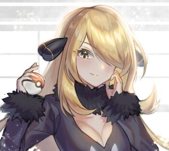 Rule 34 | 1girl, absurdres, aimubaniran, alternate eye color, blonde hair, breasts, cleavage, closed mouth, coat, commentary request, cynthia (pokemon), fur-trimmed coat, fur collar, fur trim, hair ornament, hair over one eye, highres, holding, holding poke ball, large breasts, looking at viewer, nintendo, poke ball, poke ball (basic), pokemon, pokemon dppt, smile, solo, upper body, yellow eyes